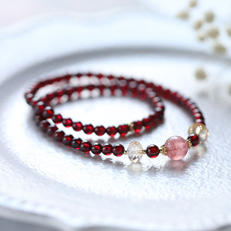 Buddha Stones 14Kゴールドメッキ 天然ガーネット ストロベリークォーツ スタビリティ ダブルラップブレスレット