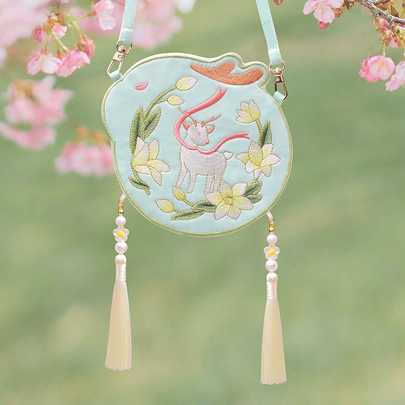 Buddha Stones刺繍のラッキーパンダ猫柴犬鹿ウサギキツネ花かわいい動物漢服バッグクロスボディバッグショルダーバッグ