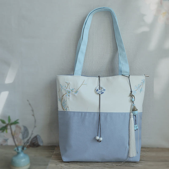梨花 梅 桃の花 竹刺繍 キャンバス 大容量 ショルダーバッグ トートバッグ