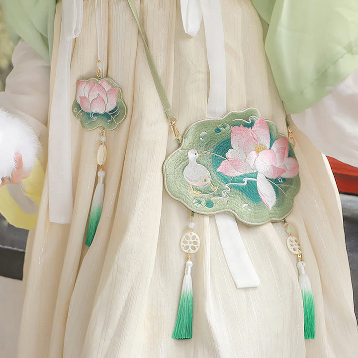 Buddha Stonesと幸運の刺繍、蓮と鯉とウサギの花の漢服バッグ、斜め掛けバッグ、ショルダーバッグ