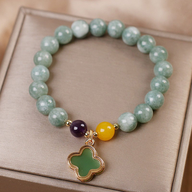 Buddha Stones翡翠四つ葉のクローバー幸運ブレスレット