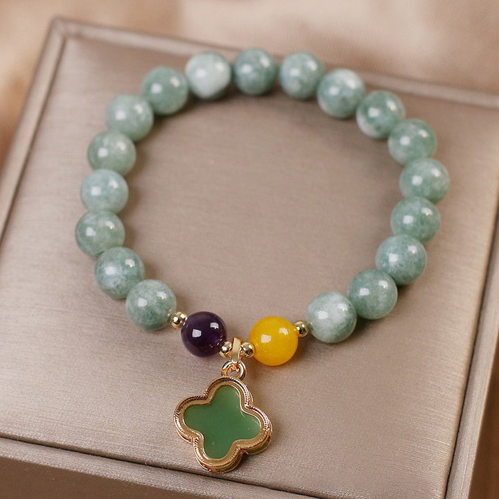 Buddha Stones翡翠四つ葉のクローバー幸運ブレスレット