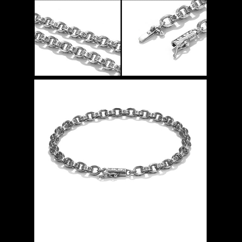 Buddha Stones925 スターリングシルバーオーム・マニ・パドメ・フム彫刻デザイン 創造性 メタルブレスレット