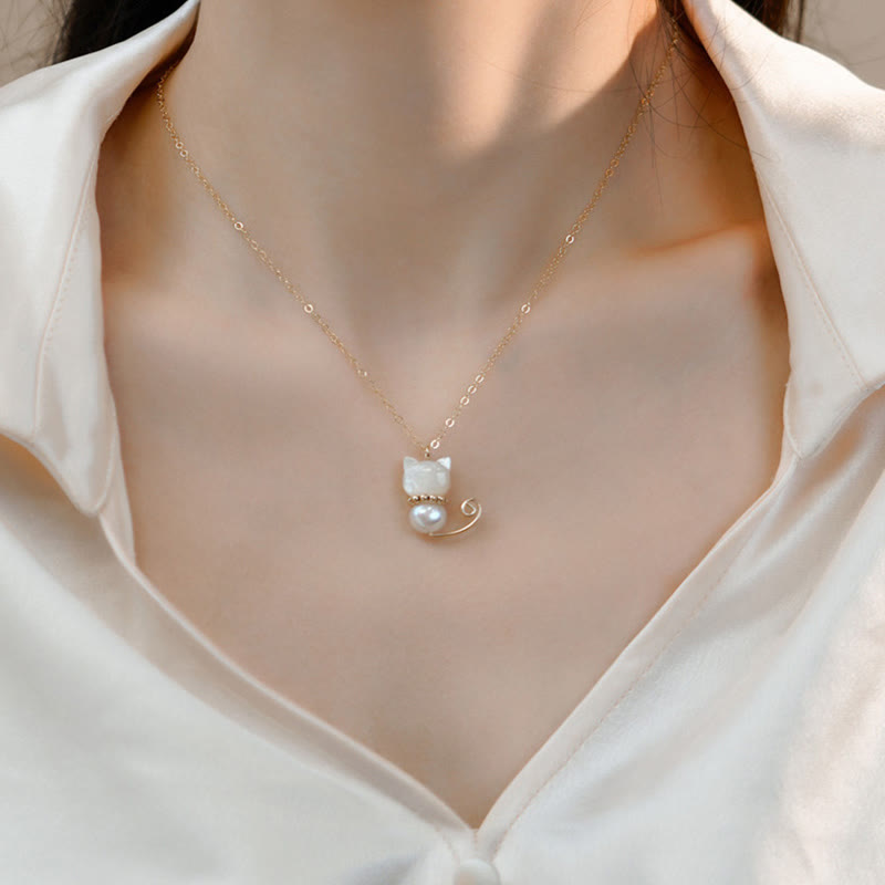 Buddha Stones 14Kゴールドメッキパール 和田翡翠シェル 幸運の猫 子猫ネックレスペンダント - image 4