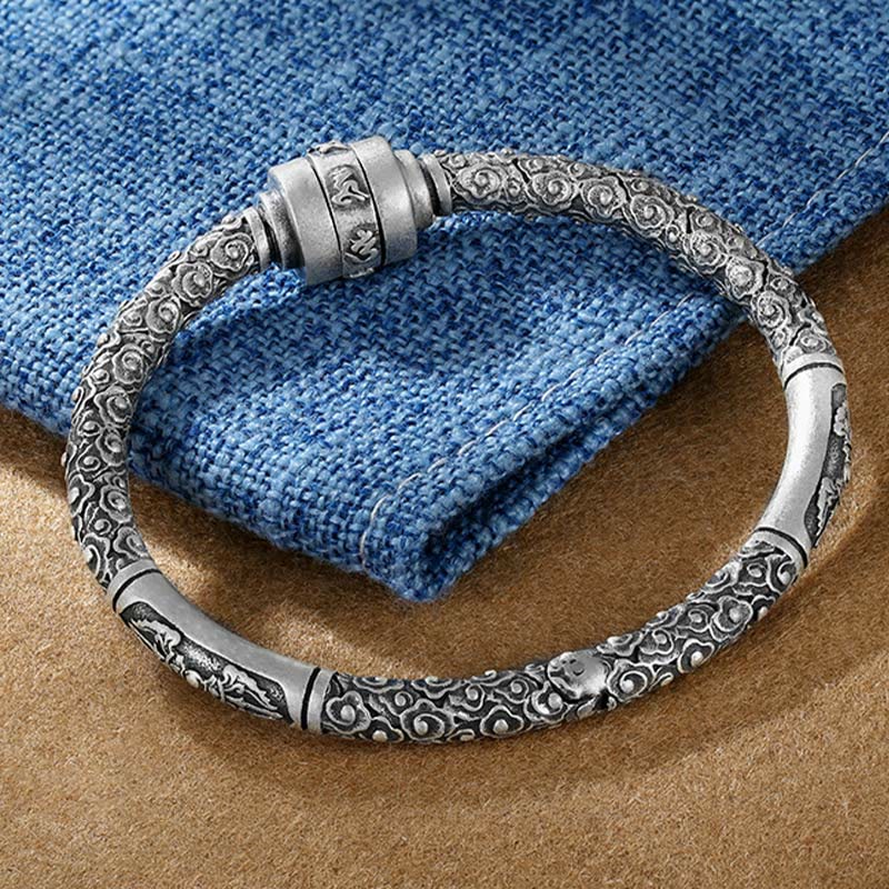 Buddha Stones990 スターリングシルバー チベットの吉兆の雲オーム・マニ・パドメ・フム彫刻 創造性 ブレスレット バングル