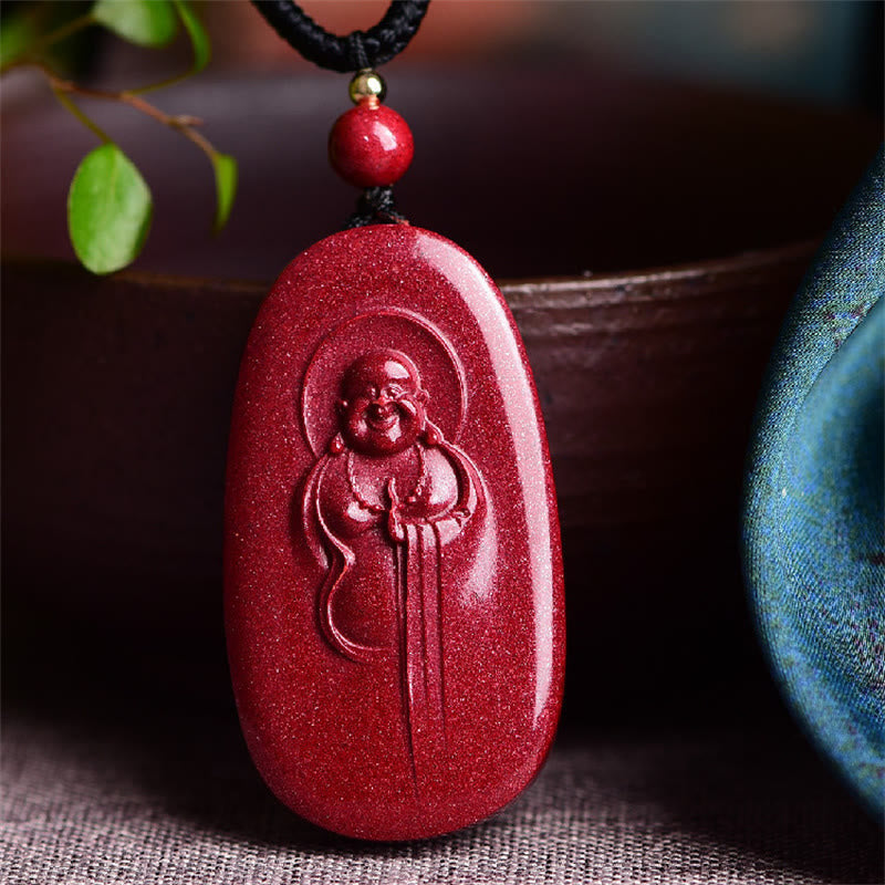 Buddha Stones笑う仏陀 陰陽 十二支 ひょうたん 天然辰砂 祝福ネックレス ペンダント - 笑い仏 38×21×8mm - image 1