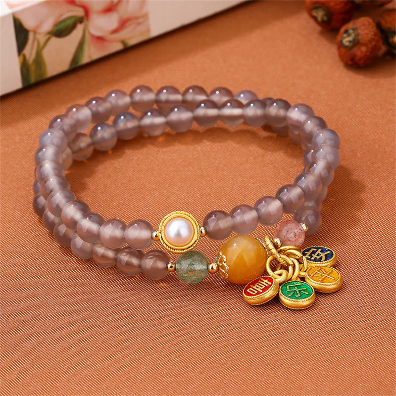 Buddha Stones天然グレーアゲート 平和と喜びのチャームバランス ダブルラップブレスレット