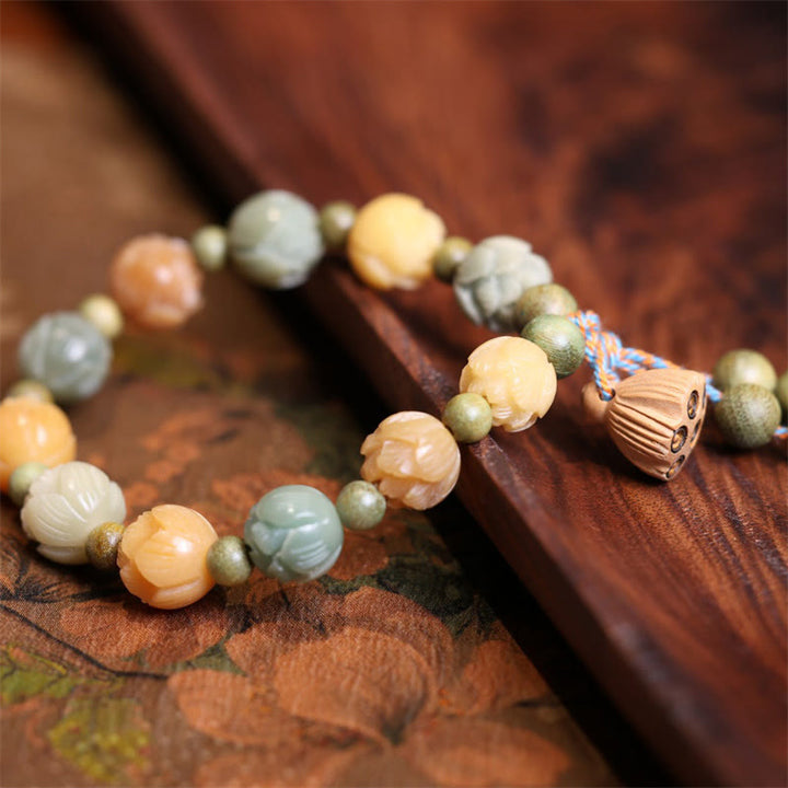 Buddha Stones菩提樹の実 蓮 緑白檀 知恵の調和ブレスレット