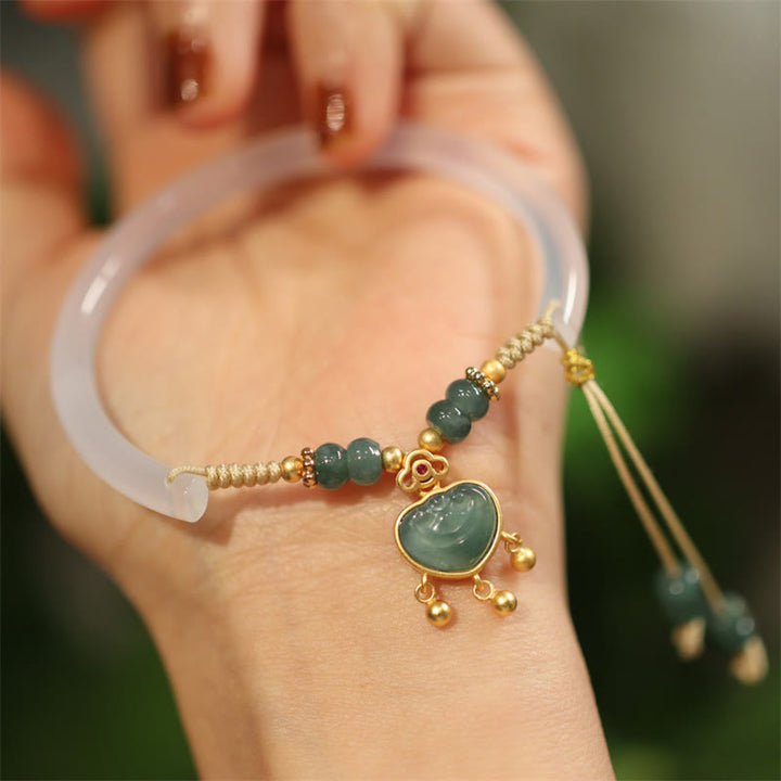 Buddha Stones 925スターリングシルバー 天然翡翠カルセドニー 幸運の鍵 ネックレス ペンダント バングル ブレスレット