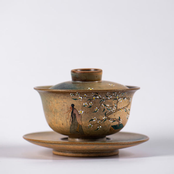 景徳鎮の手描きのルBuddha Stones磁器漢服少女の花の陶器蓋碗三彩ティーカップカンフーティーカップとソーサー蓋付き