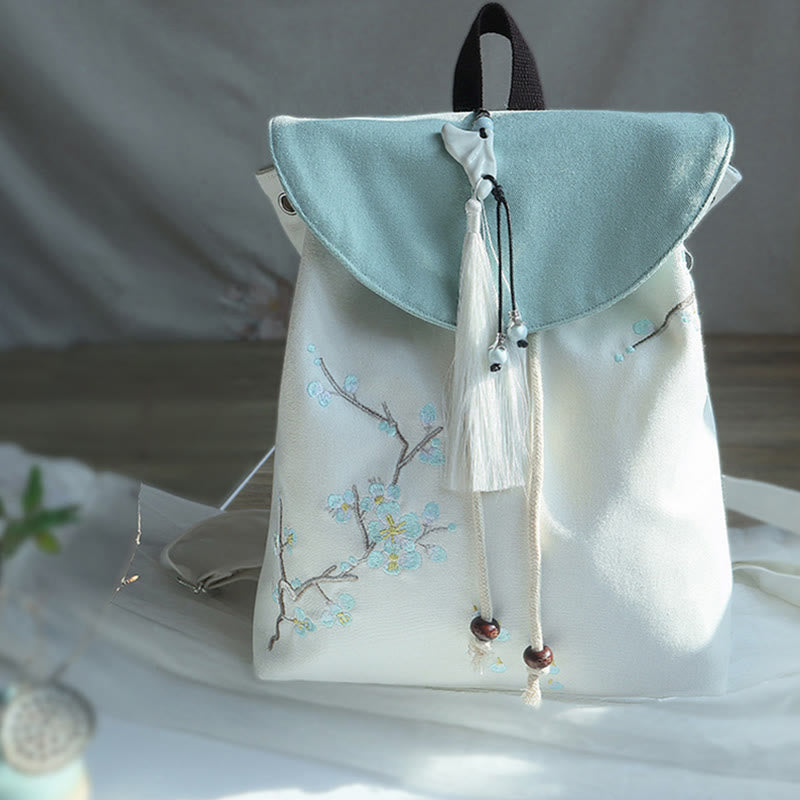 Buddha Stonesハンドメイド刺繍入り大容量キャンバスバックパック - 青い梅の花 - image 13