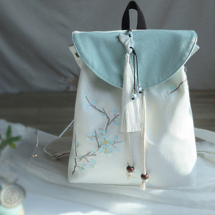 Buddha Stonesハンドメイド刺繍入り大容量キャンバスバックパック - 青い梅の花 - image 13