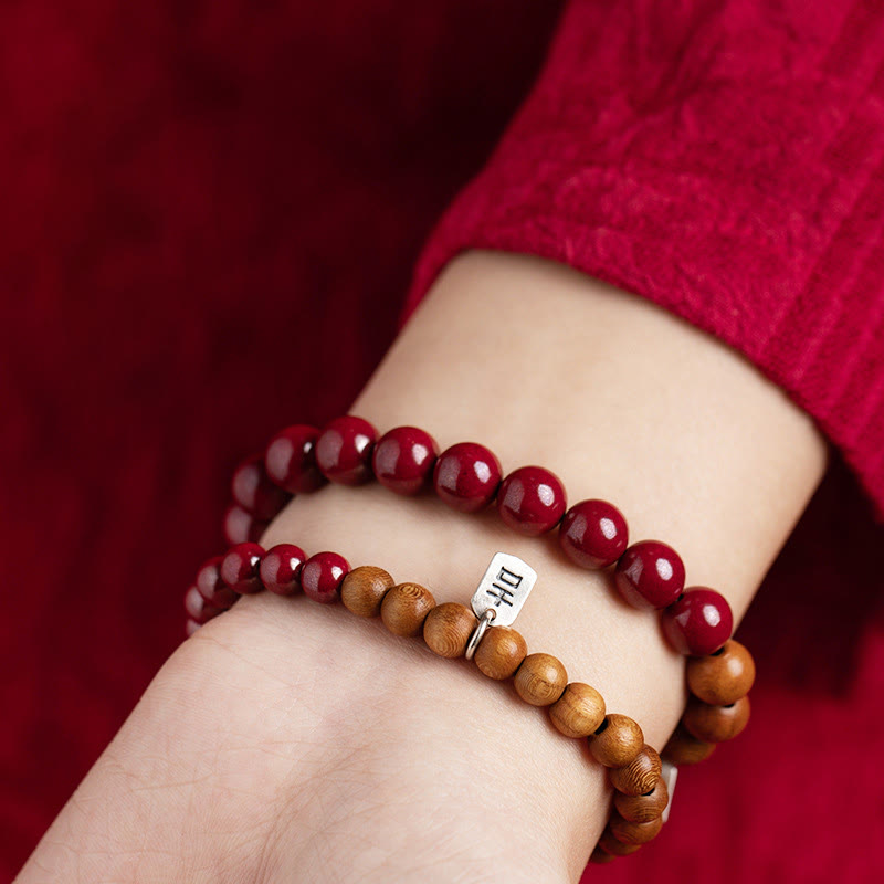 Buddha Stones925スターリングシルバー ピーチウッド シナバー 邪悪な霊を払うブレスレット