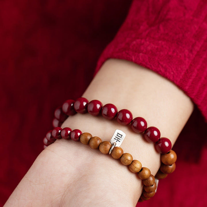 Buddha Stones925スターリングシルバー ピーチウッド シナバー 邪悪な霊を払うブレスレット