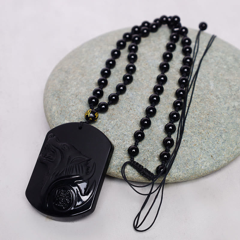 Buddha Stones黒曜石 ウルフ浄化ペンダントネックレス