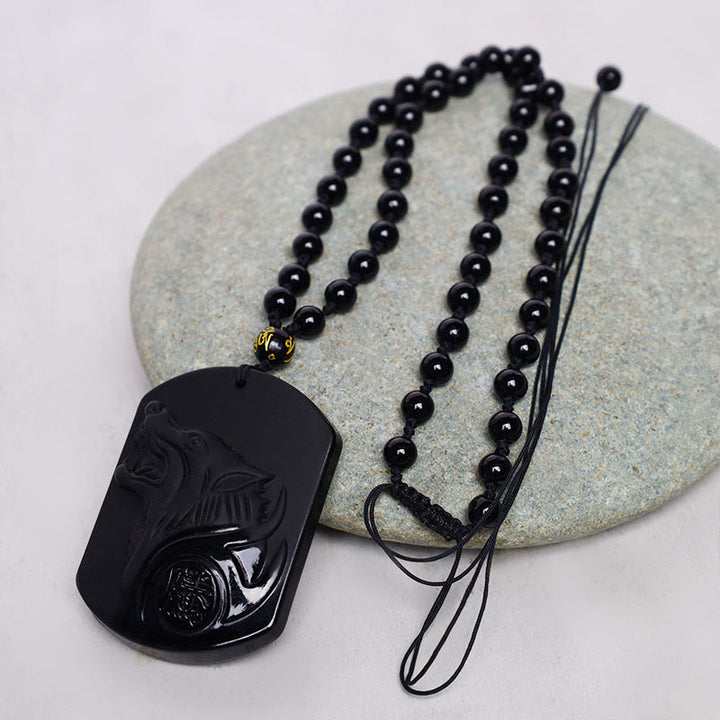 Buddha Stones黒曜石 ウルフ浄化ペンダントネックレス