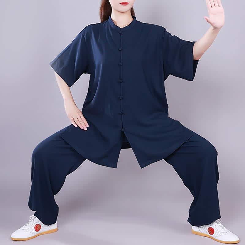 Buddha Stones太極拳 気功 瞑想 祈り スピリチュアル 禅 練習 ユニセックス コットン リネン 服 セット - ネイビーブルー - 半袖 - US14、 UK/AU18、 EU46 (3XL)  - image 20