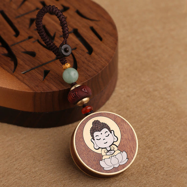 Buddha Stones黒檀木材ローズウッド仏観音菩薩Om Mani Padme Humバランス車のキーチェーン装飾