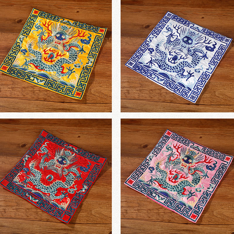 Buddha Stones鳳凰 龍 麒麟 刺繍 カップマットパッド ティーカップコースター スクエア カンフーティーマット