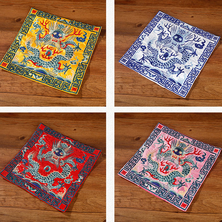Buddha Stones鳳凰 龍 麒麟 刺繍 カップマットパッド ティーカップコースター スクエア カンフーティーマット
