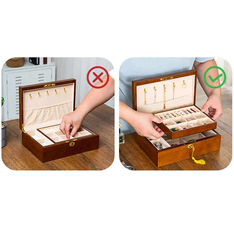 Buddha Stonesヴィンテージ木製ジュエリーボックス 2層式 無垢材ジュエリー収納ボックス