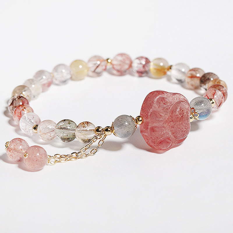 Buddha Stones天然ストロベリークォーツ 猫の爪 カラフル ルチルクォーツ ムーンストーン ラブブレスレット - image 5