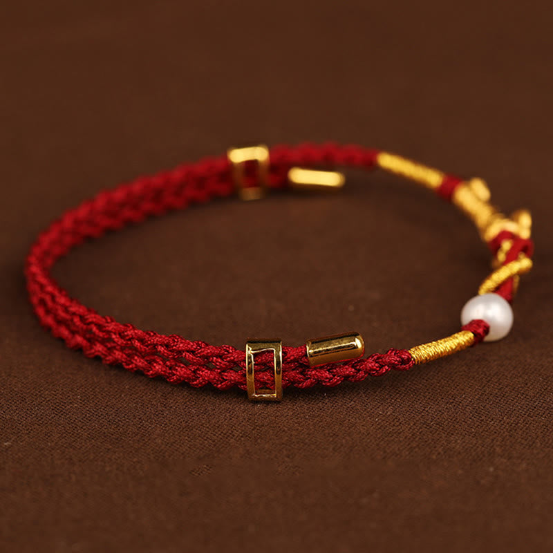 Buddha Stones24K ゴールド ウィッシュ 如意 ハンドル 福 キャラクター ウサギ パール 幸運 編み込み ブレスレット