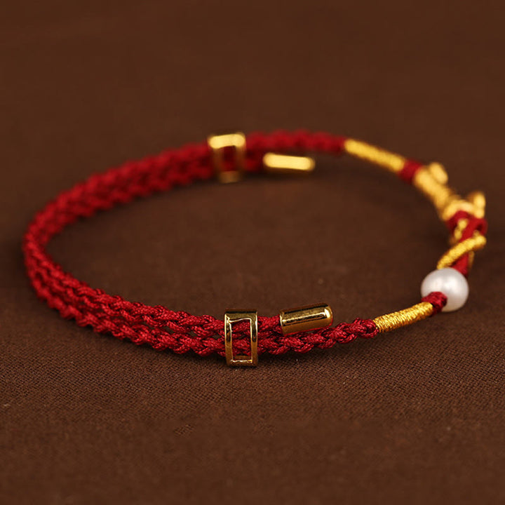 Buddha Stones24K ゴールド ウィッシュ 如意 ハンドル 福 キャラクター ウサギ パール 幸運 編み込み ブレスレット