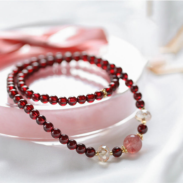 Buddha Stones 14Kゴールドメッキ 天然ガーネット ストロベリークォーツ スタビリティ ダブルラップブレスレット