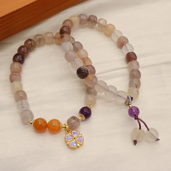 Buddha Stones天然紫金シルク翡翠バイオレットフラワービーズチャーム富のブレスレット