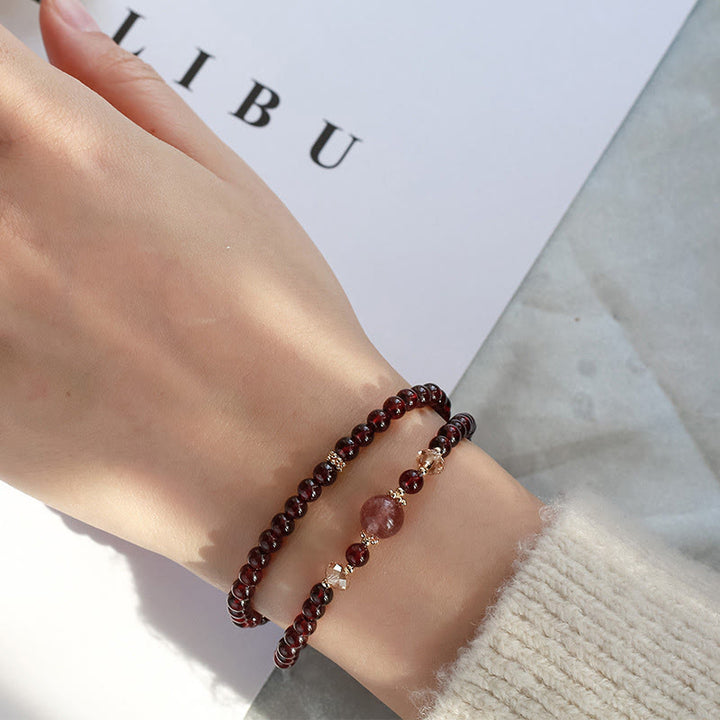 Buddha Stones 14Kゴールドメッキ 天然ガーネット ストロベリークォーツ スタビリティ ダブルラップブレスレット
