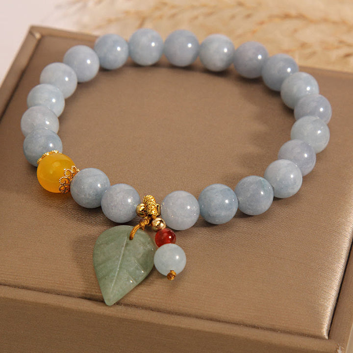 Buddha Stonesアクアマリン 翡翠の葉 ヒーリングチャームブレスレット