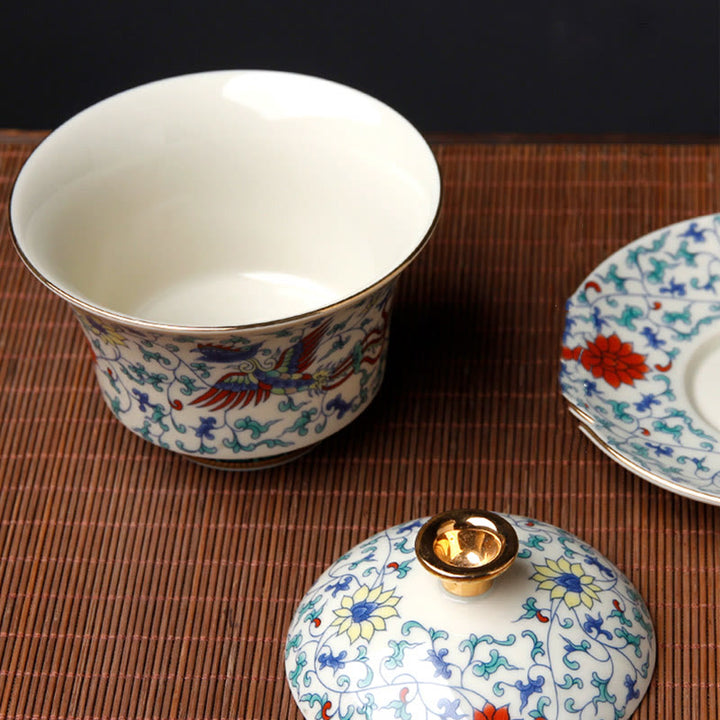 Buddha Stonesレトロ梅花松竹鳳凰麒麟陶器蓋碗三彩ティーカップカンフーティーカップ＆ソーサー蓋付き
