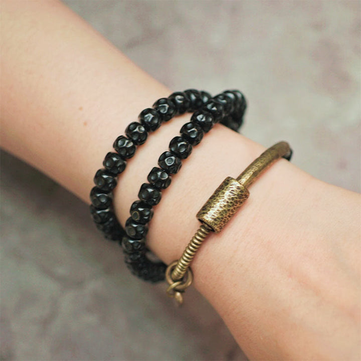 Buddha Stonesレトロココナッツシェル 真鍮銅幸せトリプルラップブレスレット - image 10