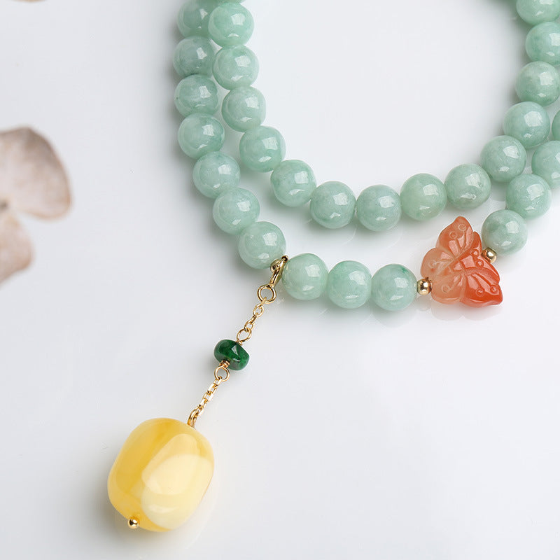 Buddha Stones925スターリングシルバー 天然翡翠 アンバー バタフライ 幸運の豊かさのブレスレット