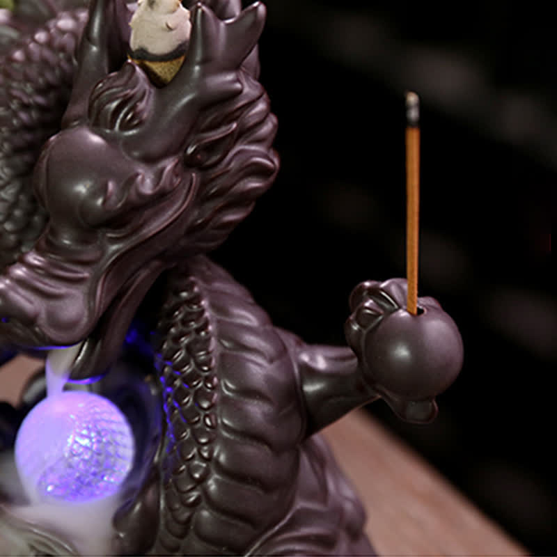 Buddha Stones縁起の良い龍 セラミック 逆流煙噴水 瞑想 癒し 香炉 LED ボール 装飾
