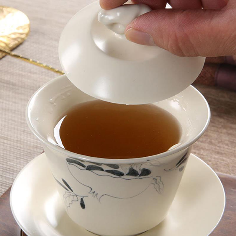 Buddha Stones手描きザクロハイビスカス松蓮陶器蓋碗三彩ティーカップカンフーティーカップ＆ソーサー蓋付き
