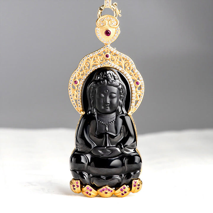 Buddha Stones925スターリングシルバー 天然黒翡翠 観音菩薩 富のネックレスペンダント - 黒翡翠（守護♥平穏） - image 1