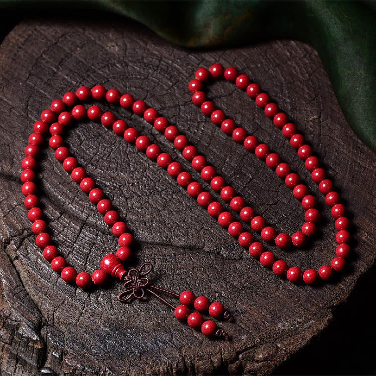 Buddha Stones 108Malaビーズ 辰砂Om Mani Padme Hum模様 刻印入り 祝福ブレスレット