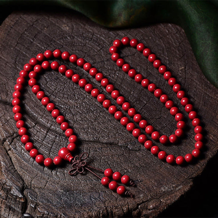 Buddha Stones 108Malaビーズ 辰砂Om Mani Padme Hum模様 刻印入り 祝福ブレスレット