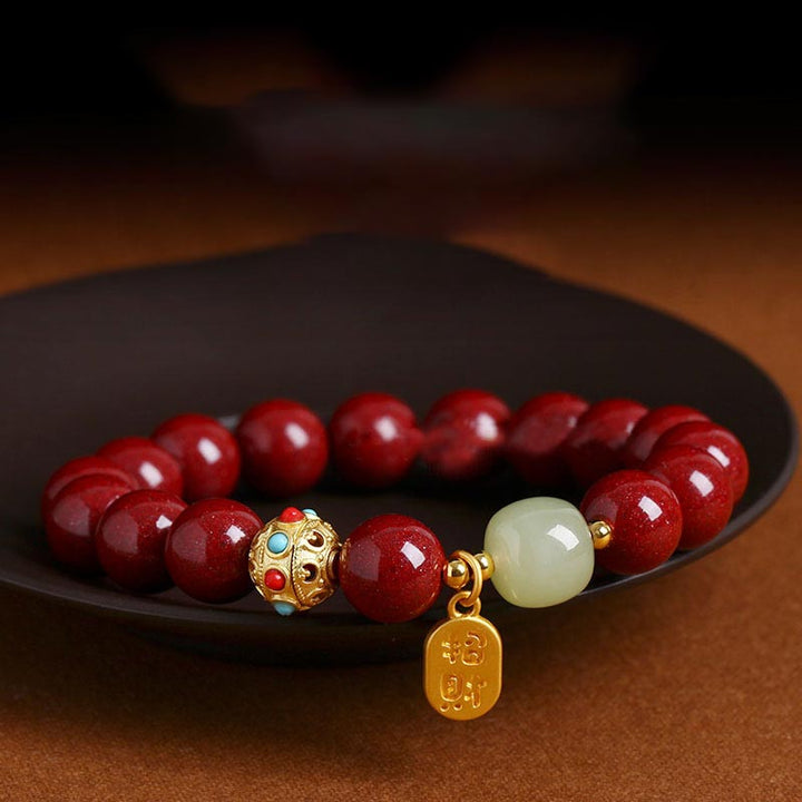 Buddha Stones辰砂 グリーンアベンチュリン 幸運 守護 チャームブレスレット