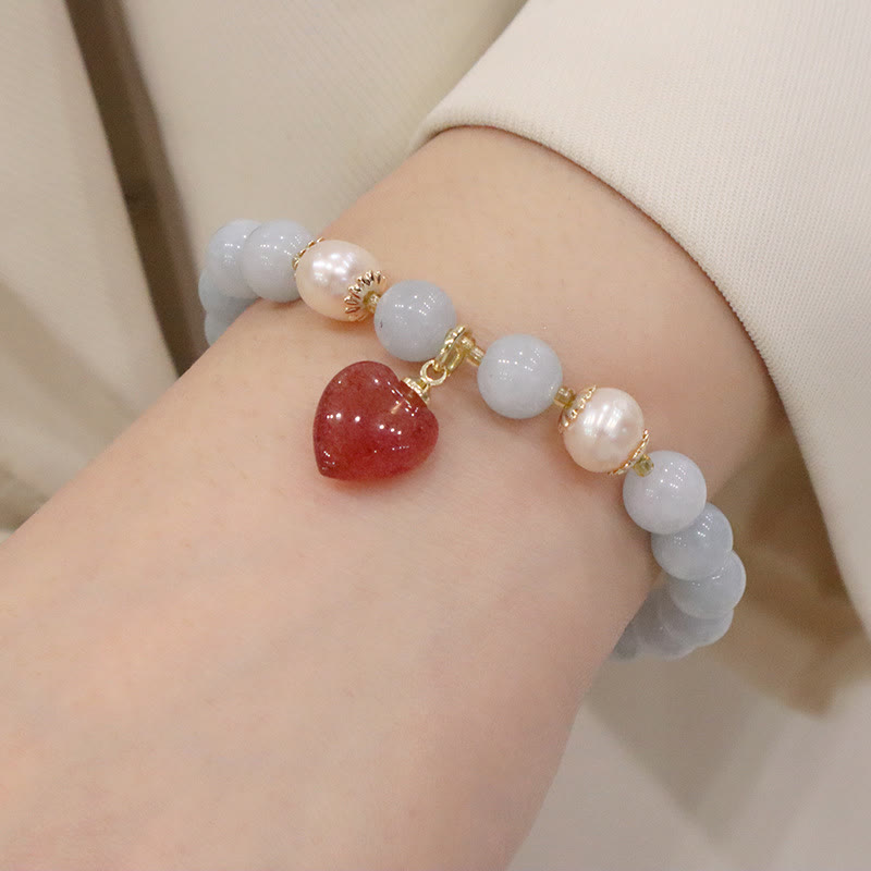 Buddha Stones天然アクアマリン カルセドニー セレニティ ウサギ ひょうたん 猫 チャームブレスレット - アクアマリン ストロベリークォーツ ラブハート - image 9