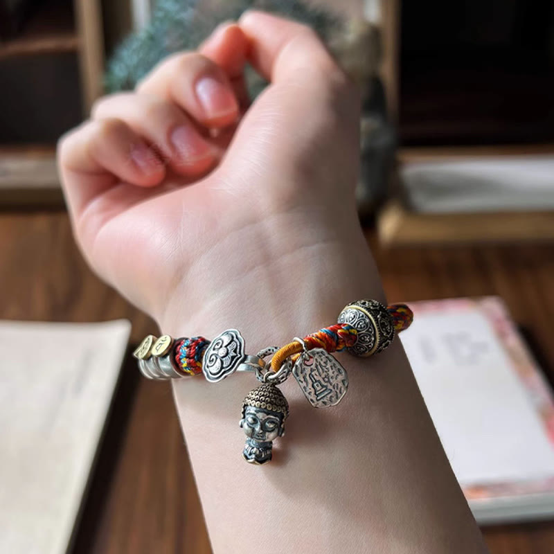 Buddha Stonesハンドメイド チベット 925 スターリングシルバー十二支誕生仏ザキラム 富の守護女神 マルチカラー ロープ編みブレスレット