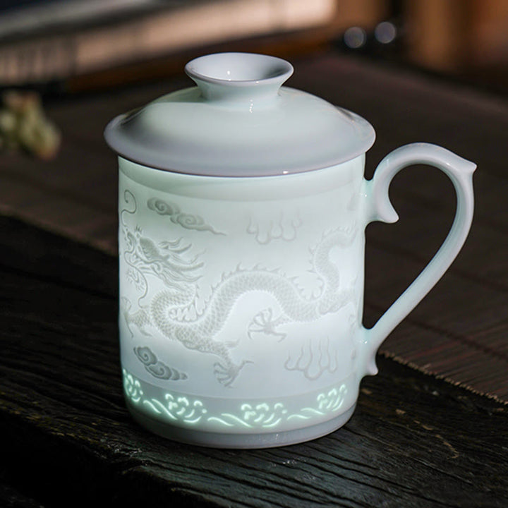 Buddha Stones玲瓏 磁器 縁起の良い龍鳳凰船 順風満帆 陶器 ティーカップ オフィス ティーカップ 420ml