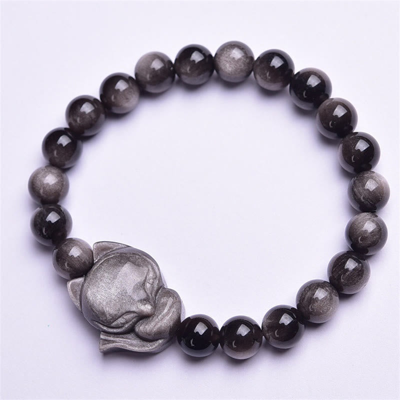 Buddha Stones天然銀光沢黒曜石キツネ守護ブレスレット