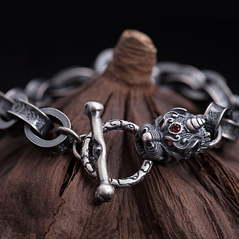 Buddha Stones925スターリングシルバー ドラゴン キリンオーム・マニ・パドメ・フム成功の強さブレスレットバングル