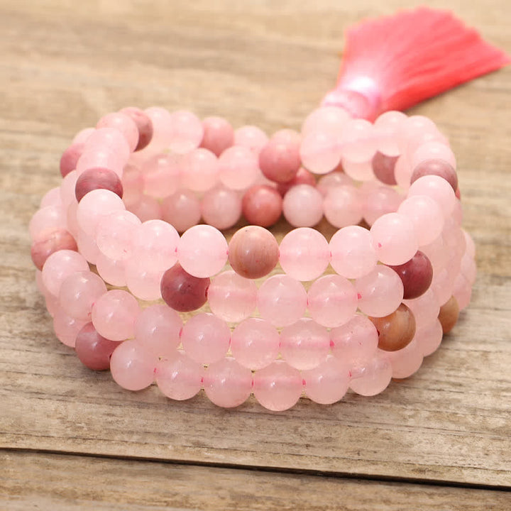 Buddha Stones108個入りMalaビーズ ピンククリスタル ラブタッセルブレスレット