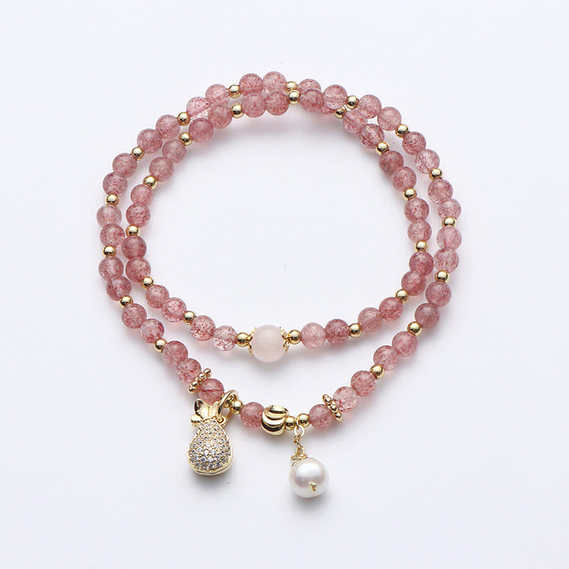 Buddha Stonesストロベリークォーツ マネーバッグ ポジティブチャーム ダブルラップブレスレット