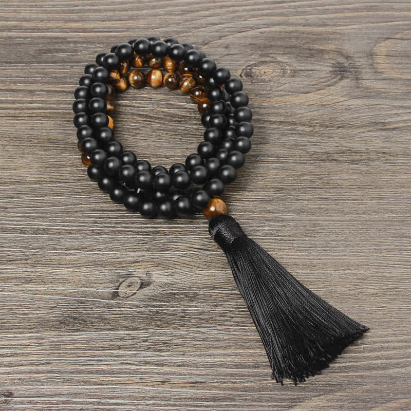 Buddha Stonesブラックオニキス タイガーアイ フォーチュンブレスレット タッセルネックレス ペンダント