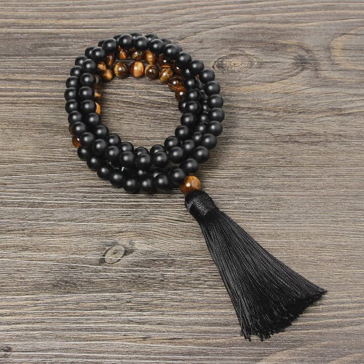 Buddha Stonesブラックオニキス タイガーアイ フォーチュンブレスレット タッセルネックレス ペンダント
